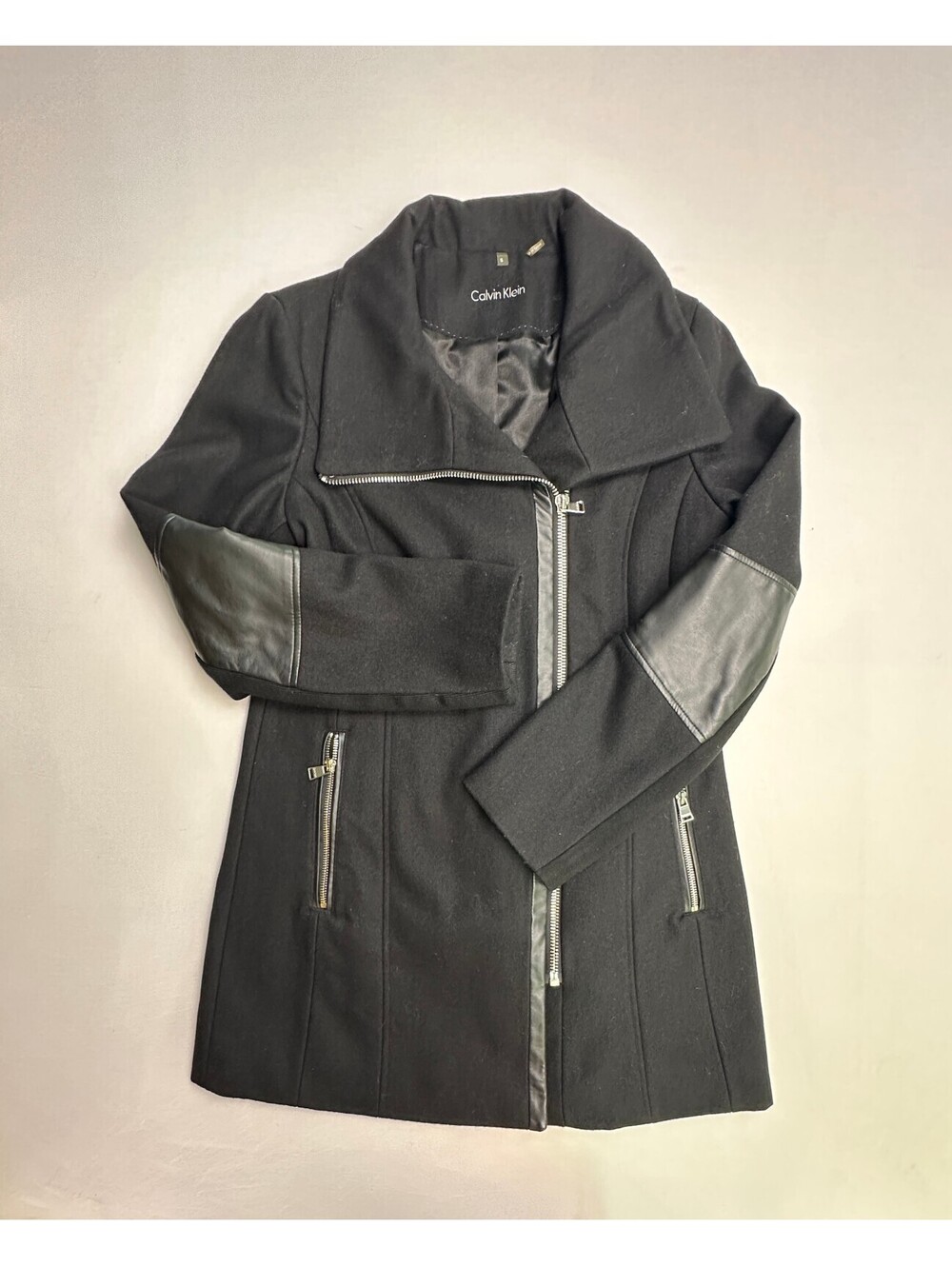 Calvin Klein Women's Wool Blend Black Coat with Leather Elb0
